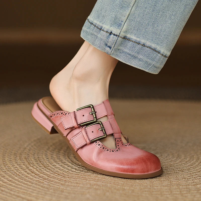 Elodie Leather Double Buckle Flat Mules