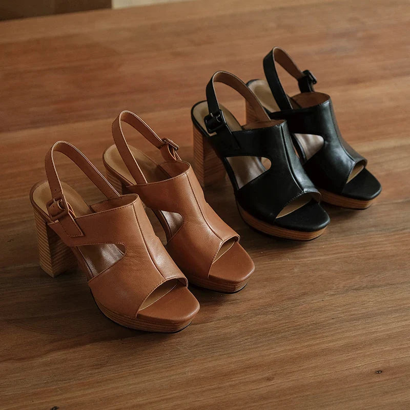 Camilla Leather Peep-Toe Platform Slingback Sandals