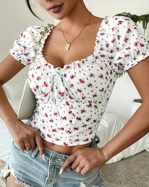 Isla Floral Puff Sleeve Ruched Crop Top