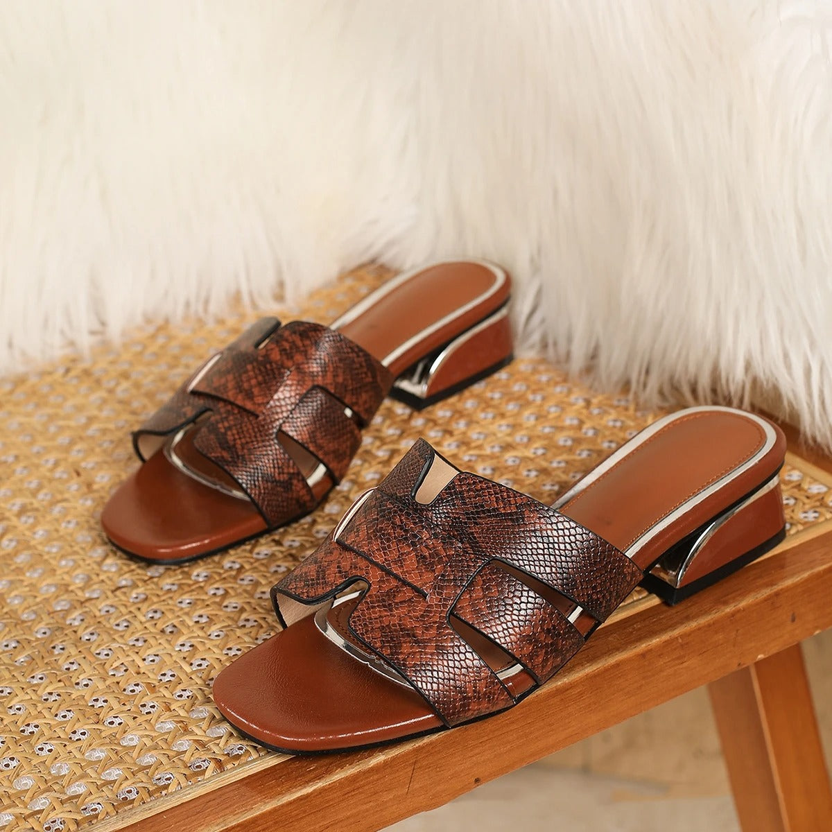 Valentina Snake Print Square Toe Block Heel Sandals