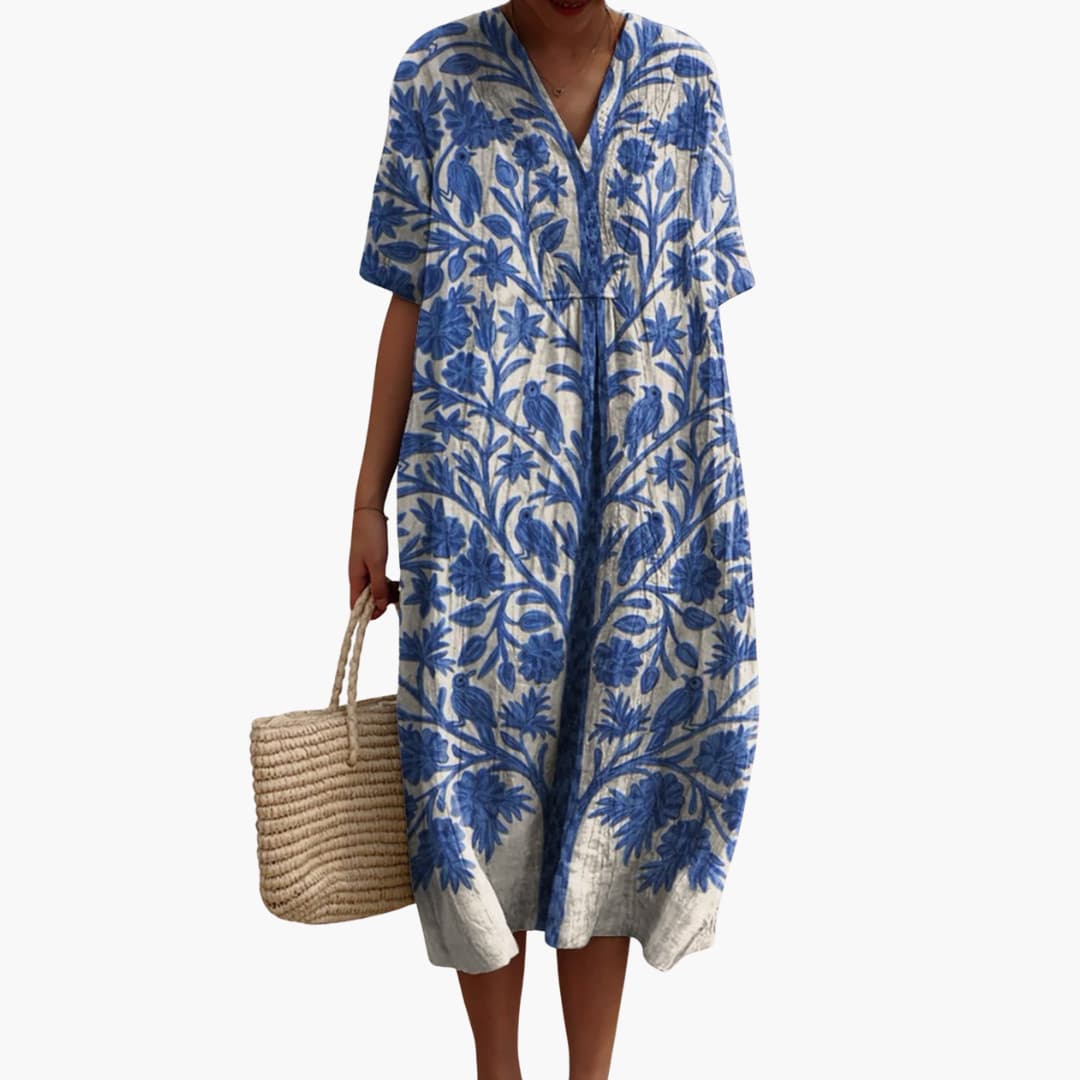 Liora Botanical Print Linen Midi Dress