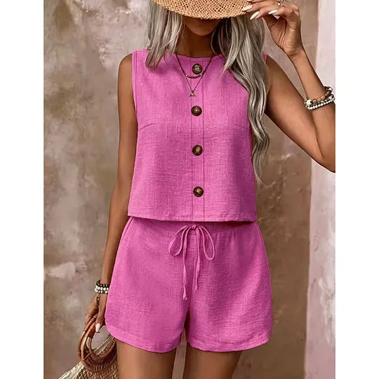 Adriana Sleeveless Button-Down Shorts Set