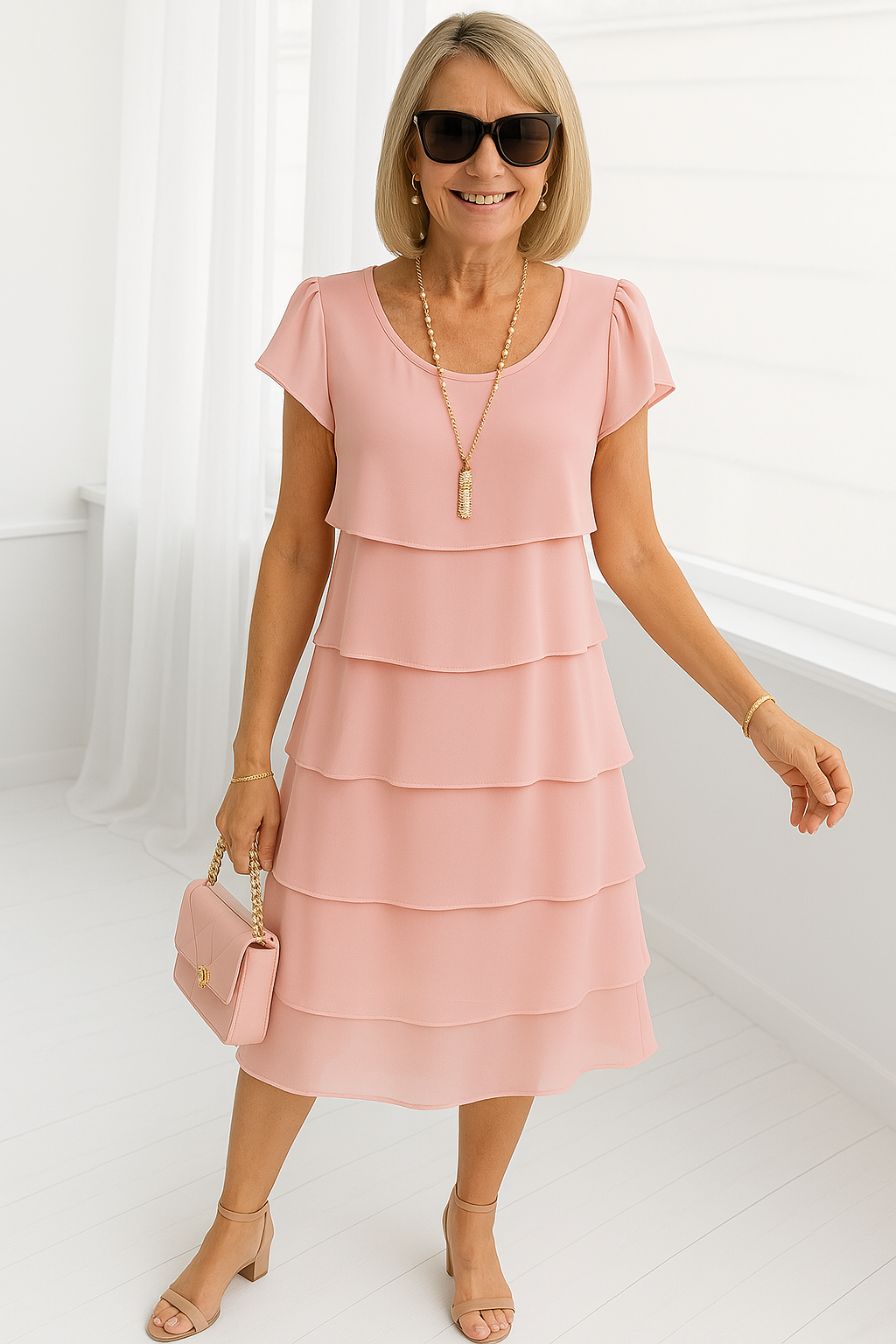 Elena Short Sleeve Layered Midi Dress