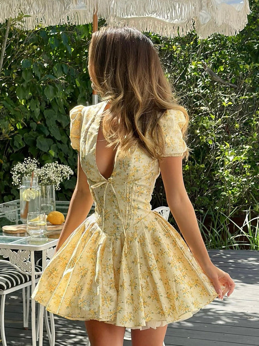 Arabella | Women's Homecoming Floral V-Neck Puff-Sleeve A-Line Mini Dress
