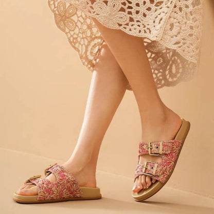 Isla Embroidered Raffia Slide Sandals