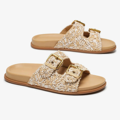 Isla Embroidered Raffia Slide Sandals