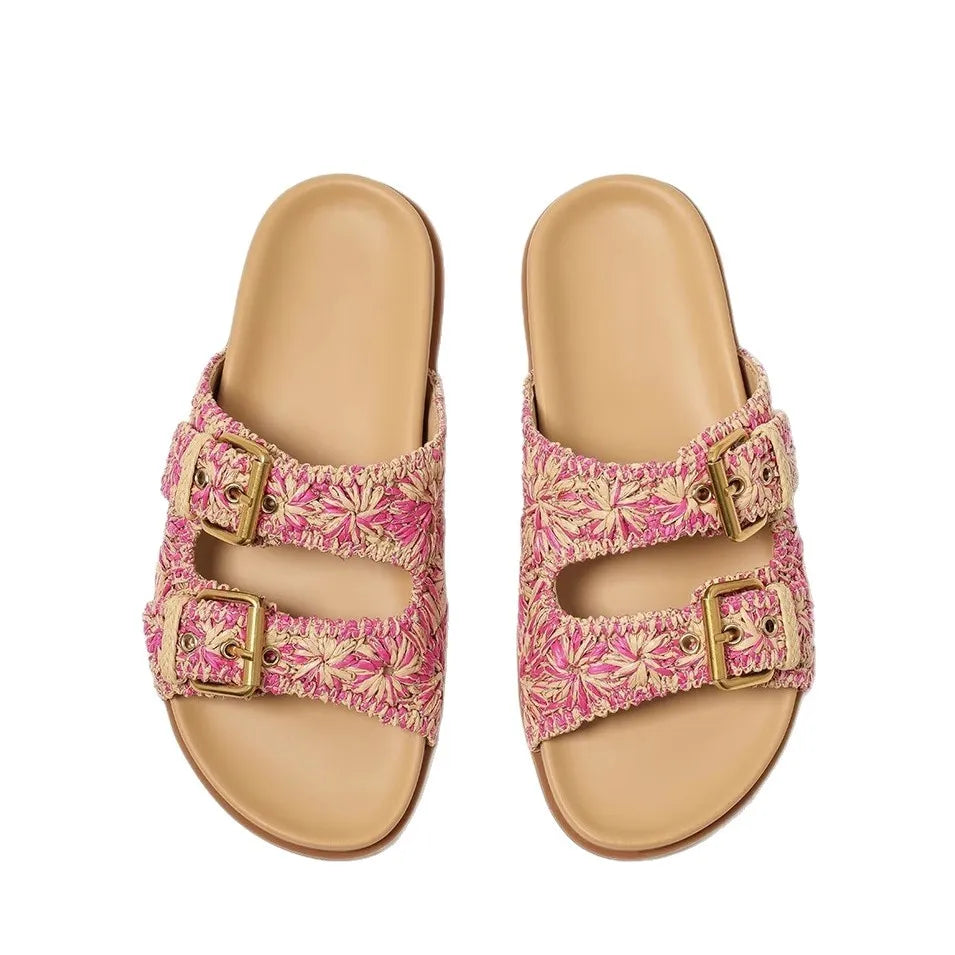 Isla Embroidered Raffia Slide Sandals