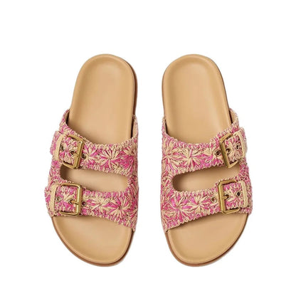 Isla Embroidered Raffia Slide Sandals