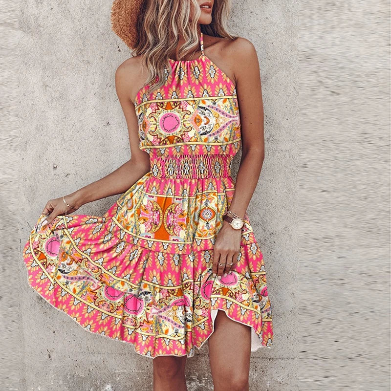 Chloe | Women's Boho Printed Tiered Halter Neck Mini Dress