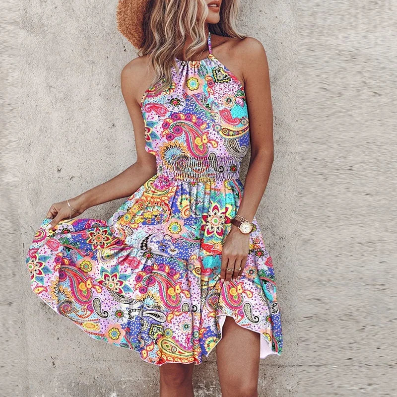 Chloe | Women's Boho Printed Tiered Halter Neck Mini Dress