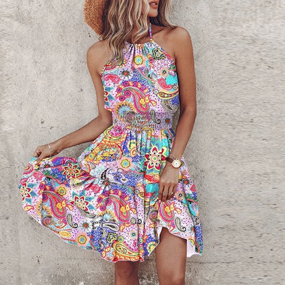 Chloe | Women's Boho Printed Tiered Halter Neck Mini Dress