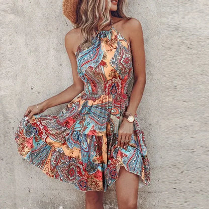 Chloe | Women's Boho Printed Tiered Halter Neck Mini Dress