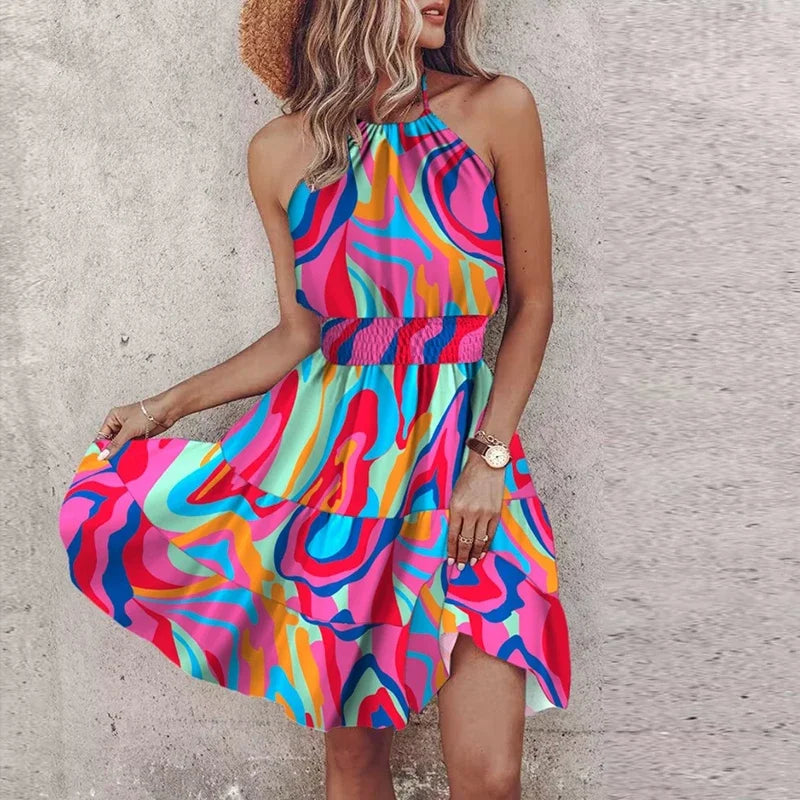 Chloe | Women's Boho Printed Tiered Halter Neck Mini Dress
