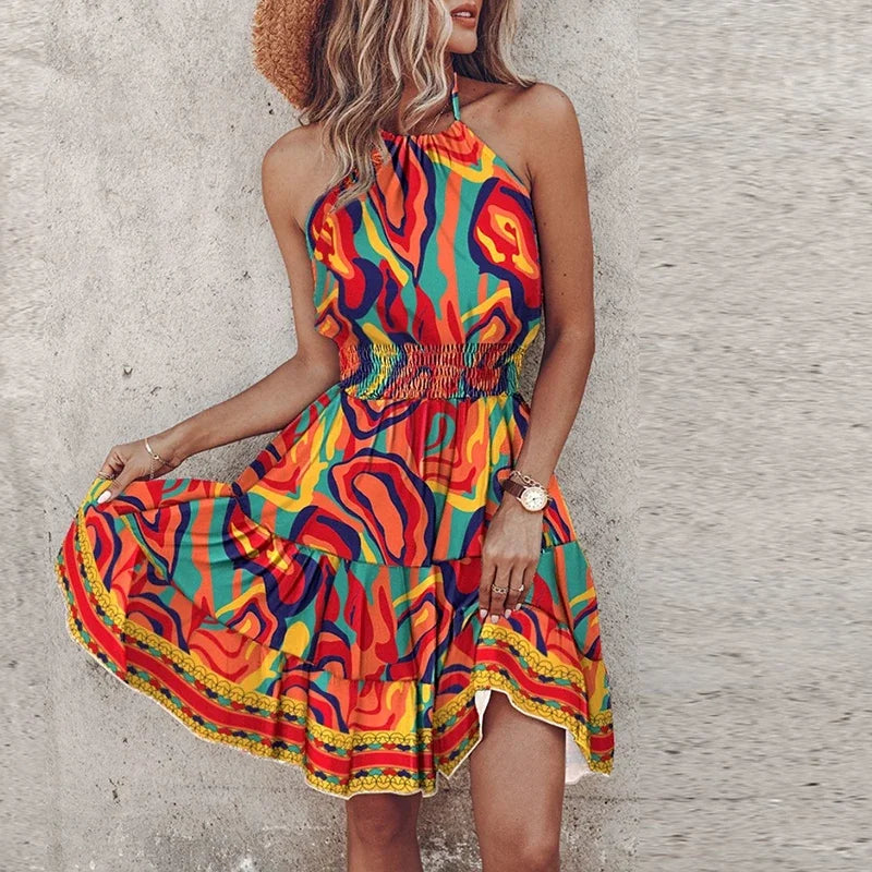 Chloe | Women's Boho Printed Tiered Halter Neck Mini Dress