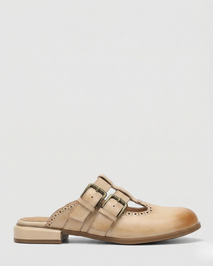 Elodie Leather Double Buckle Flat Mules