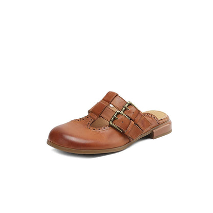Elodie Leather Double Buckle Flat Mules
