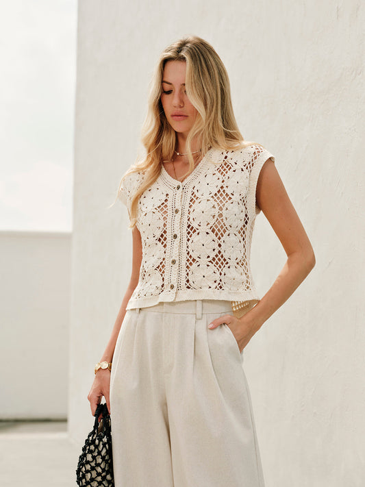 Amara Floral Crochet Button-Down Crop Top