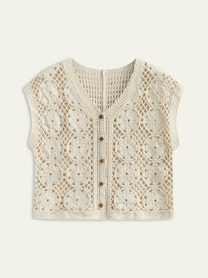 Amara Floral Crochet Button-Down Crop Top