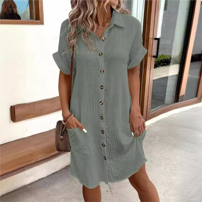 Women's Linen Button Down Shirt Dress With Pockets