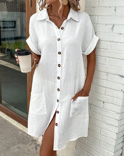 Women's Linen Button Down Shirt Dress With Pockets
