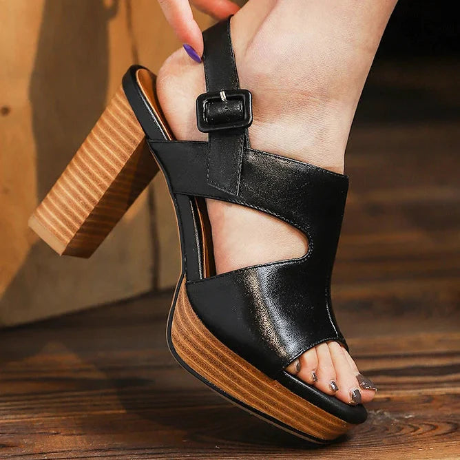 Camilla Leather Peep-Toe Platform Slingback Sandals