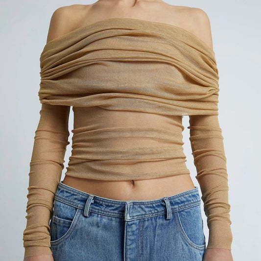 Nora Ruched Mesh Off-Shoulder Crop Top