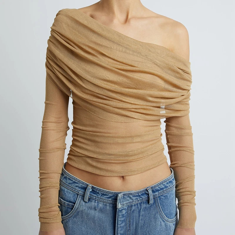 Nora Ruched Mesh Off-Shoulder Crop Top