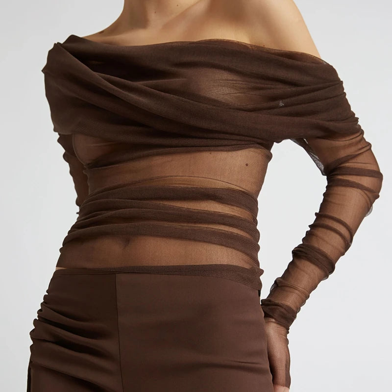 Nora Ruched Mesh Off-Shoulder Crop Top