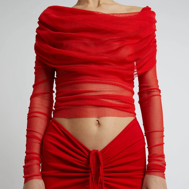 Nora Ruched Mesh Off-Shoulder Crop Top
