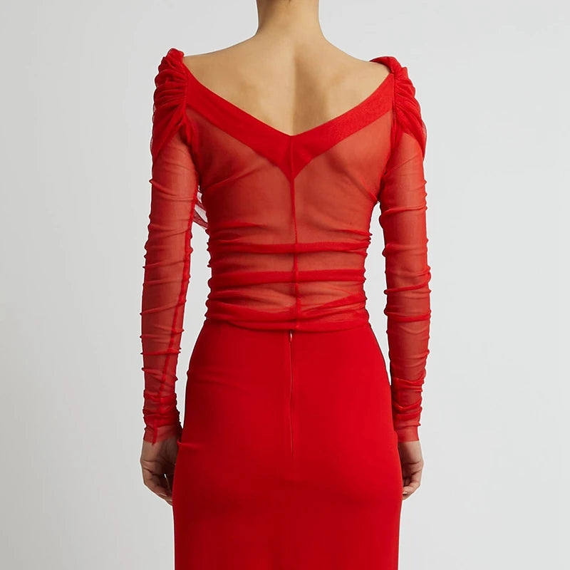 Nora Ruched Mesh Off-Shoulder Crop Top