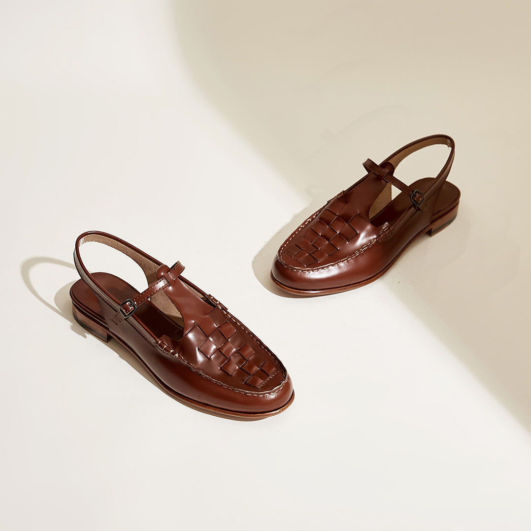Marina Woven Leather T-Bar Slingback Sandals