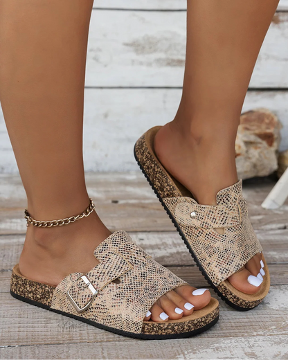 Sienna Snake Print Buckle Slide Sandals