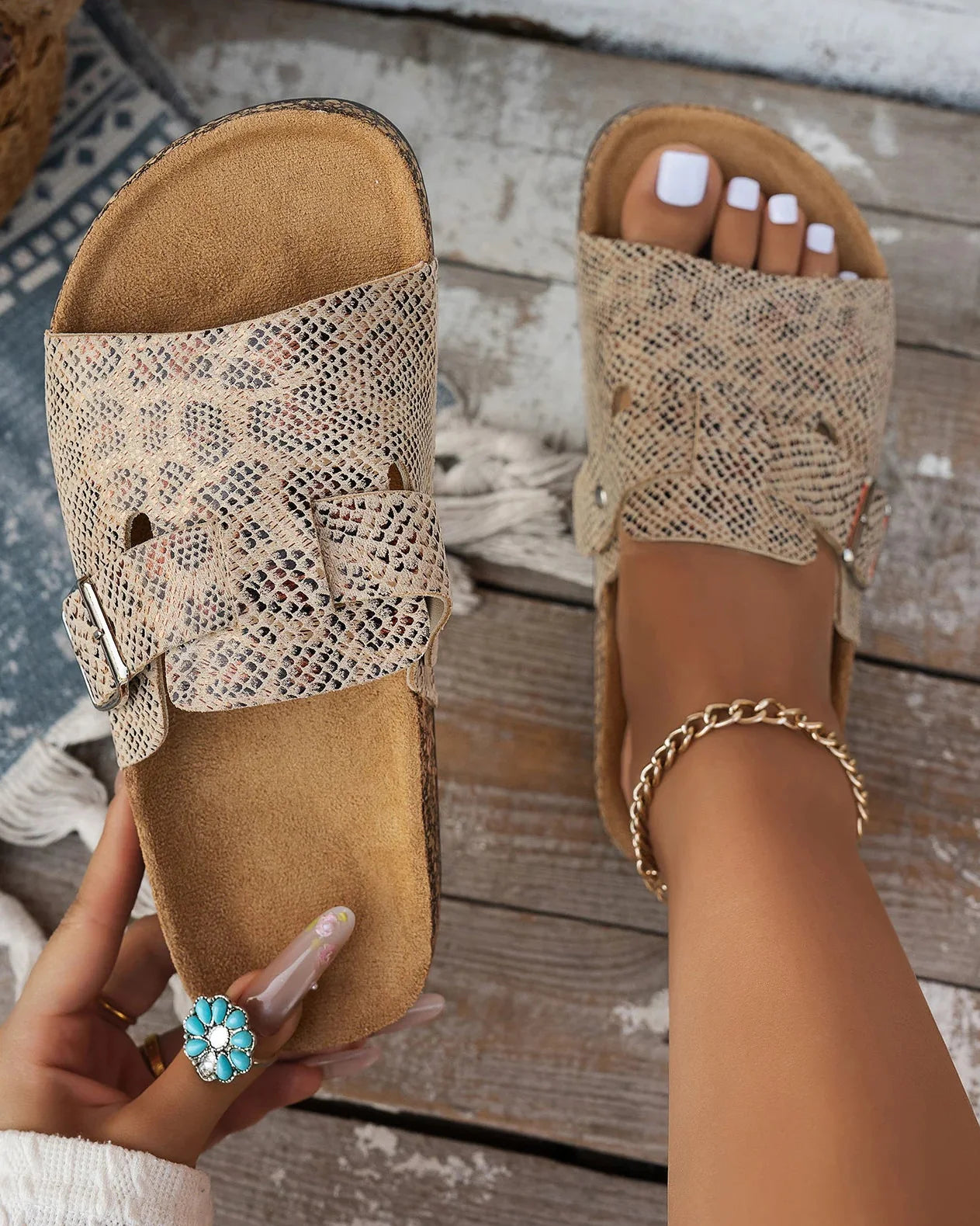 Sienna Snake Print Buckle Slide Sandals