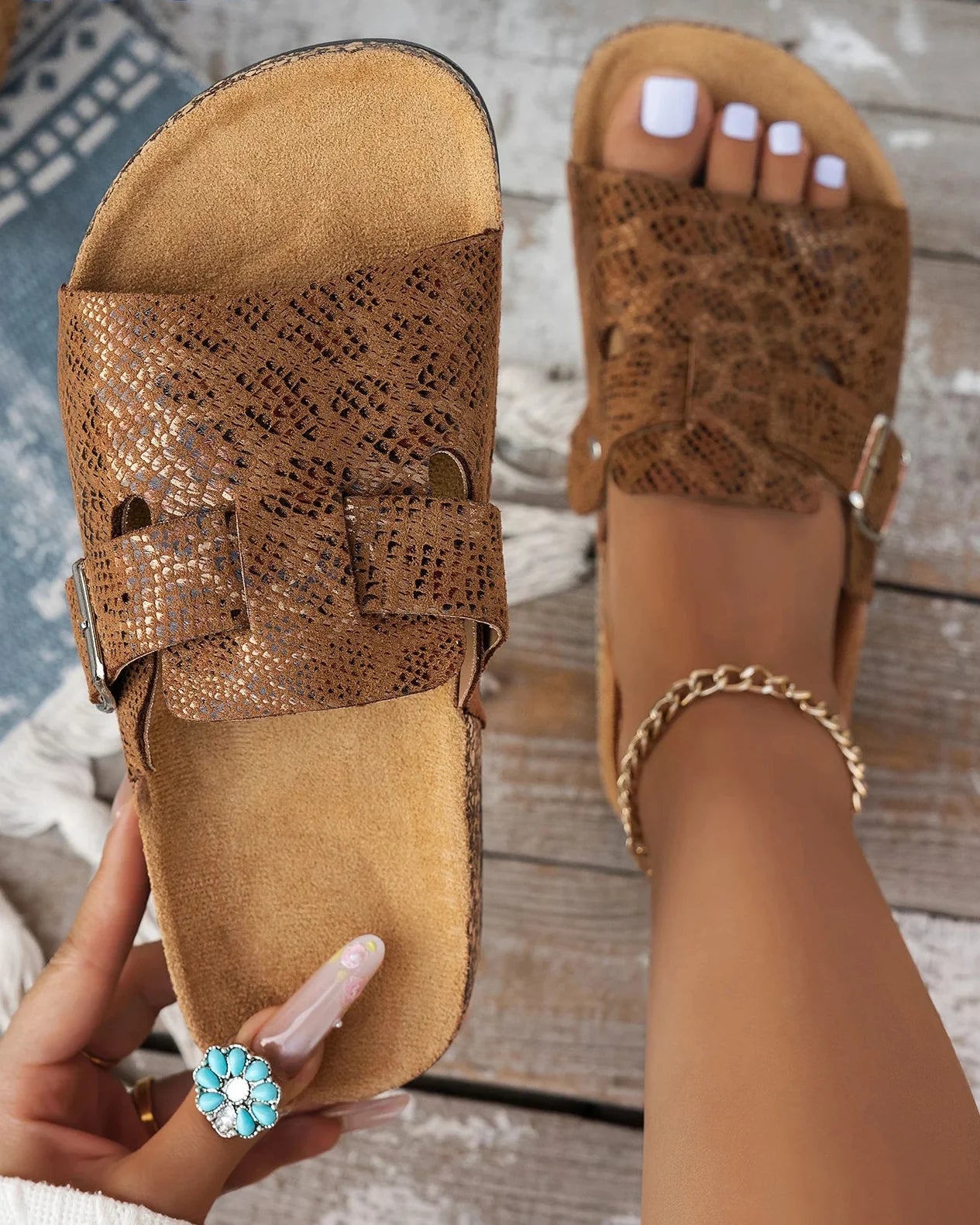Sienna Snake Print Buckle Slide Sandals
