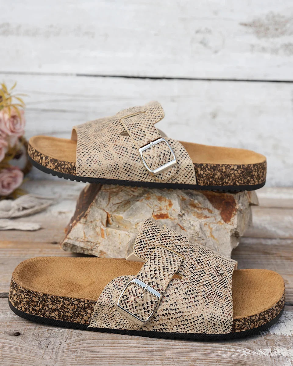 Sienna Snake Print Buckle Slide Sandals