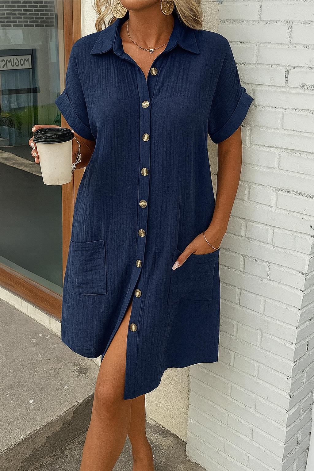 Women's Linen Button Down Shirt Dress With Pockets