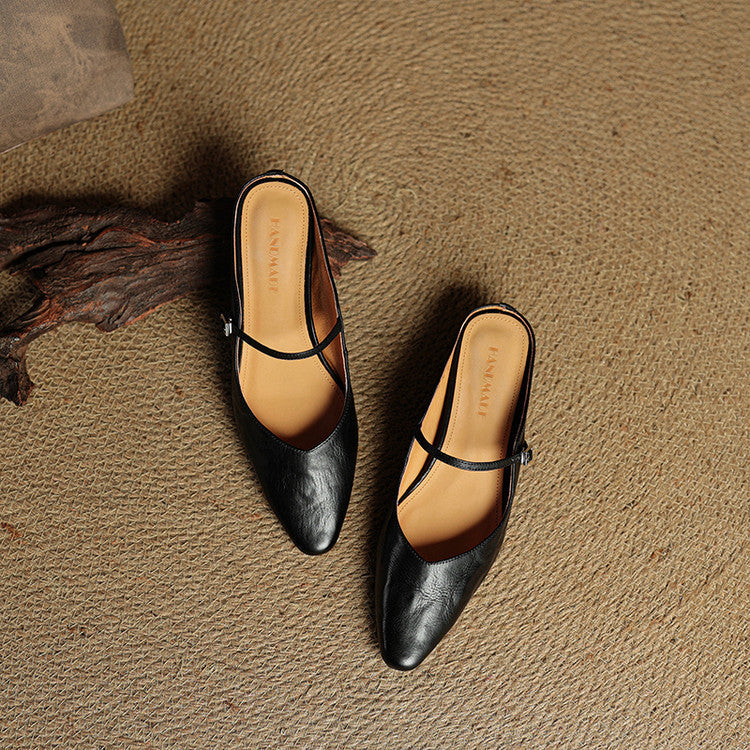 Elodie Pointed Toe Leather Mary Jane Mules