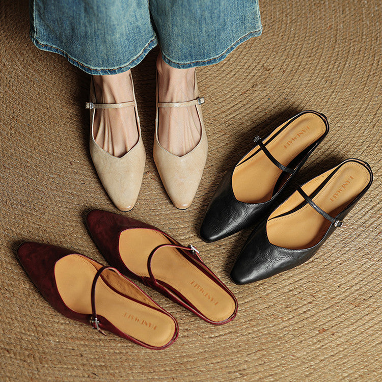 Elodie Pointed Toe Leather Mary Jane Mules