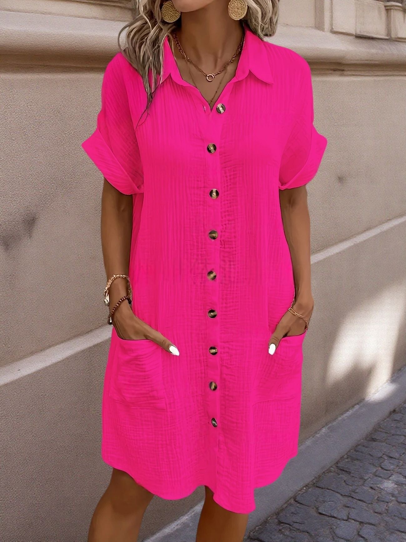 Women's Linen Button Down Shirt Dress With Pockets