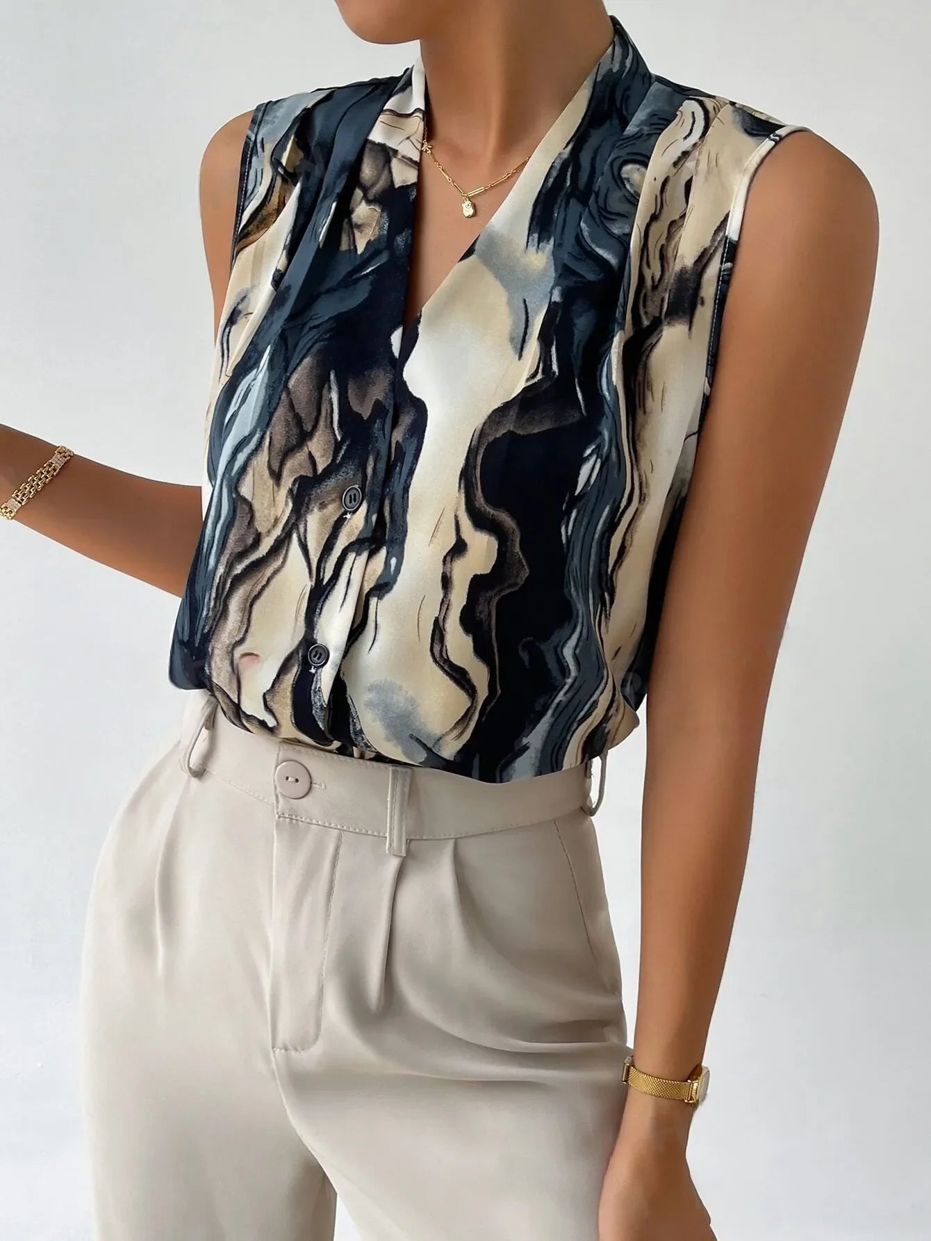Mira Marble Print V-Neck Blouse