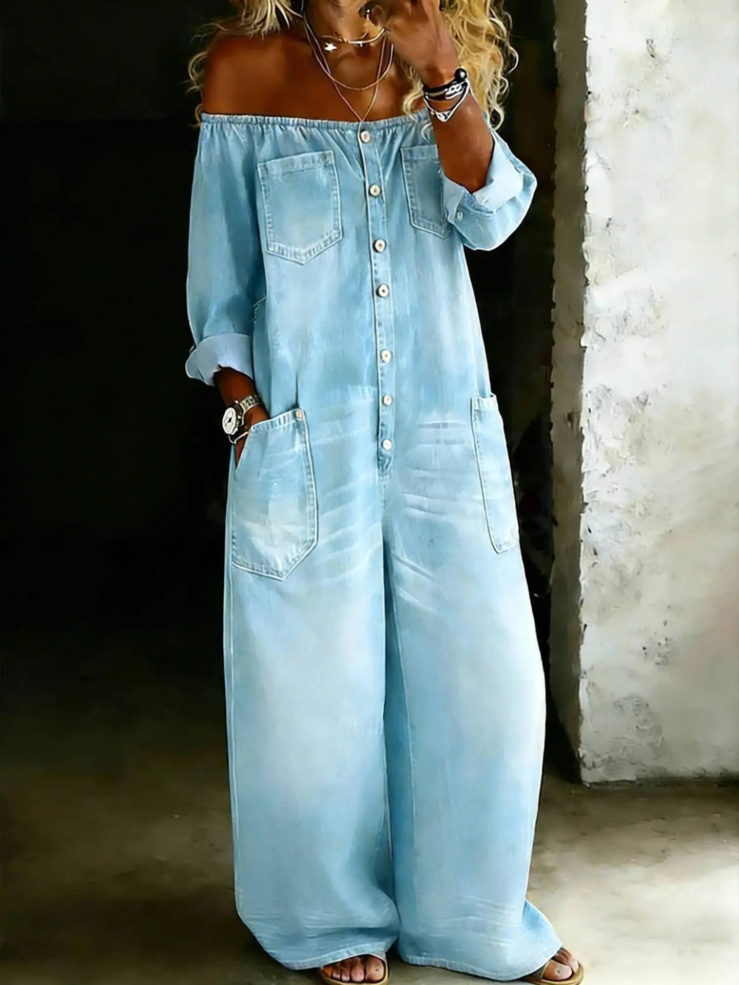 Noelle Off-Shoulder Denim Jumpsuit