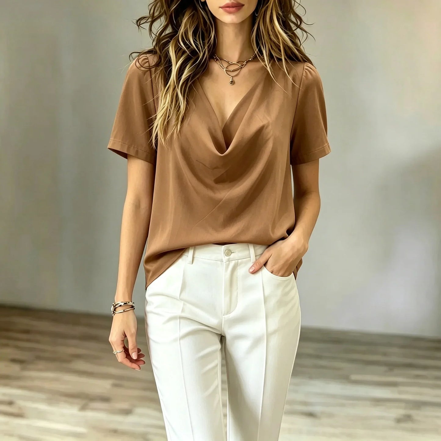 Marina Short Sleeve Cowl Neck Blouse