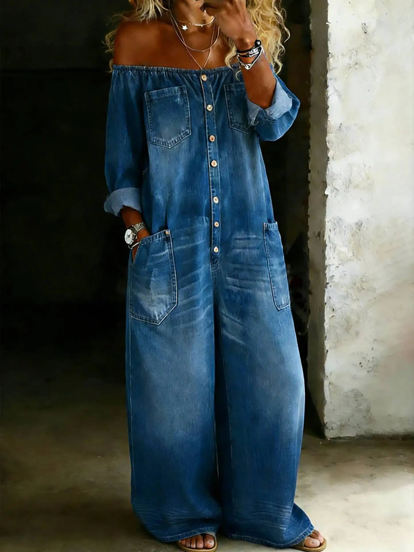 Noelle Off-Shoulder Denim Jumpsuit