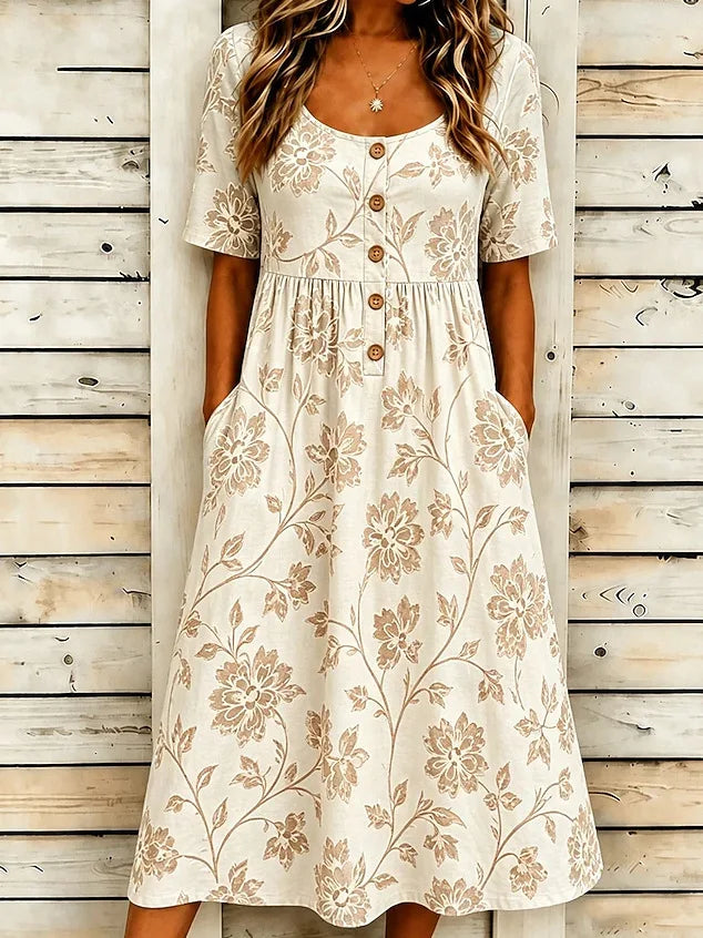 Cambria Boho Floral Button-Front Midi Dress