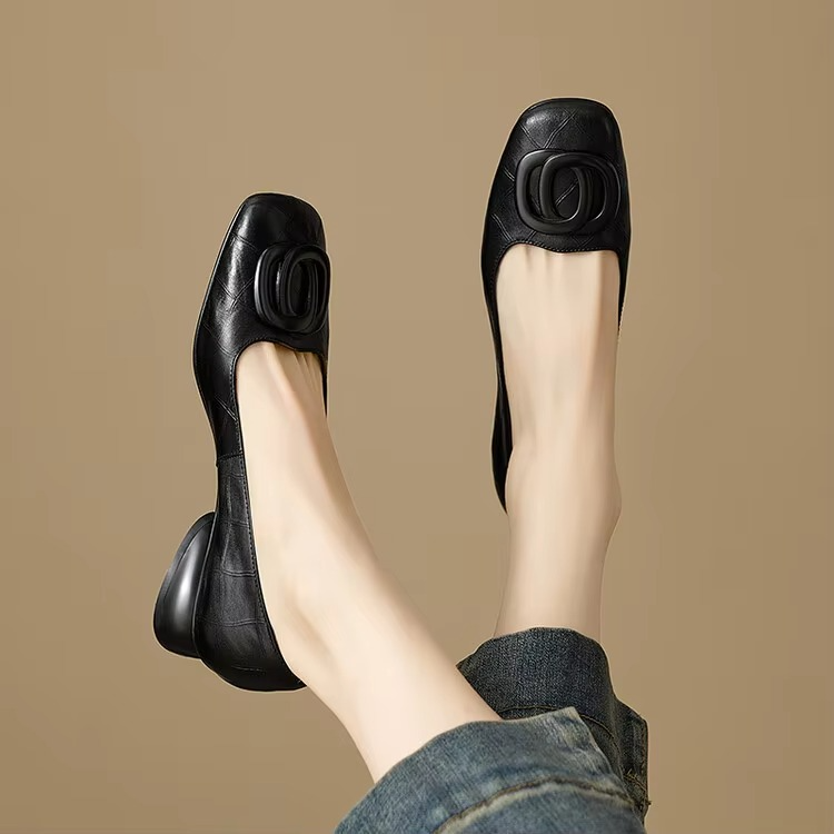 Clara Square Toe Leather Hardware Flats