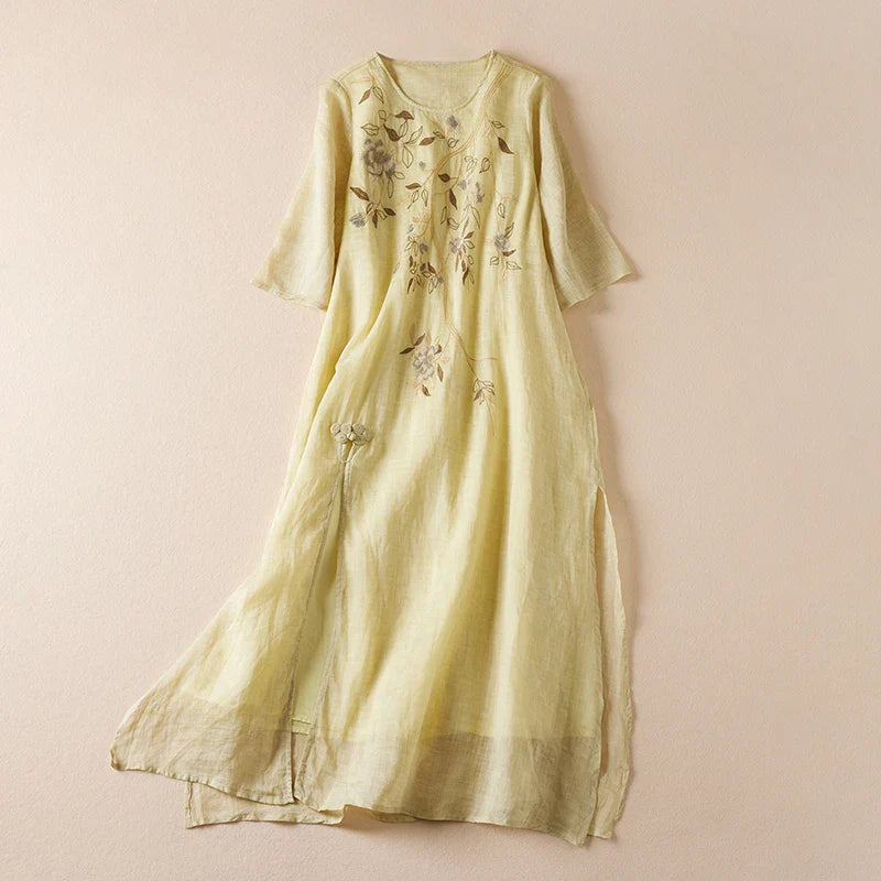 Adeline Embroidered Linen Maxi Dress