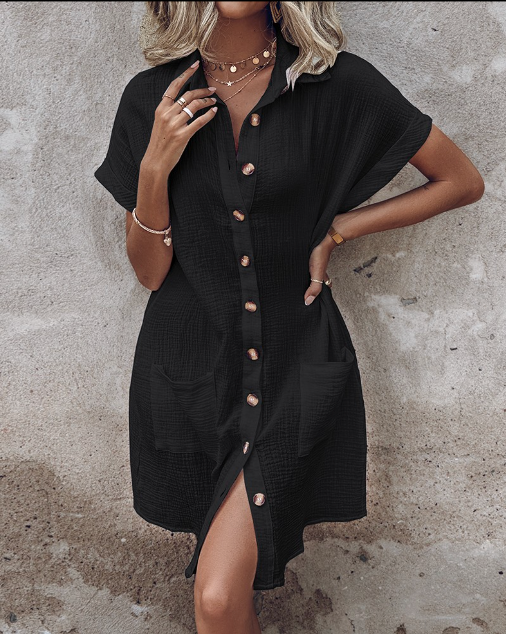 Women's Linen Button Down Shirt Dress With Pockets