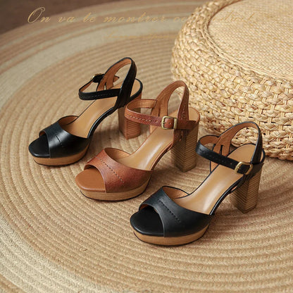 Daphne Leather Platform Block Heel Sandals