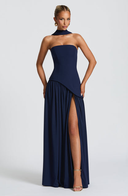 Elena Strapless Lace-Up Slit Maxi Dress