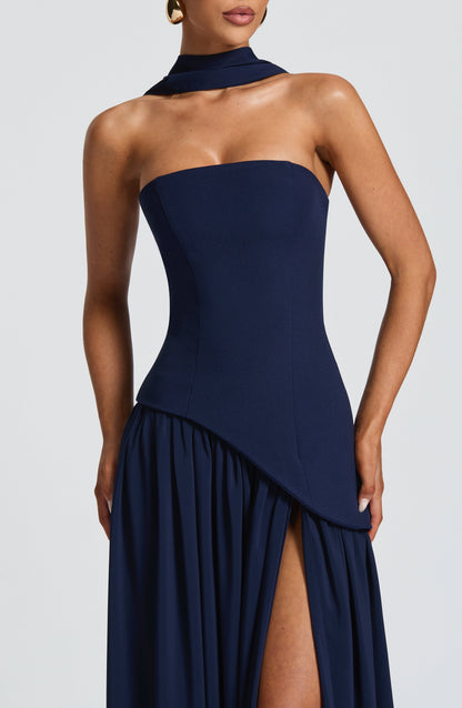 Elena Strapless Lace-Up Slit Maxi Dress